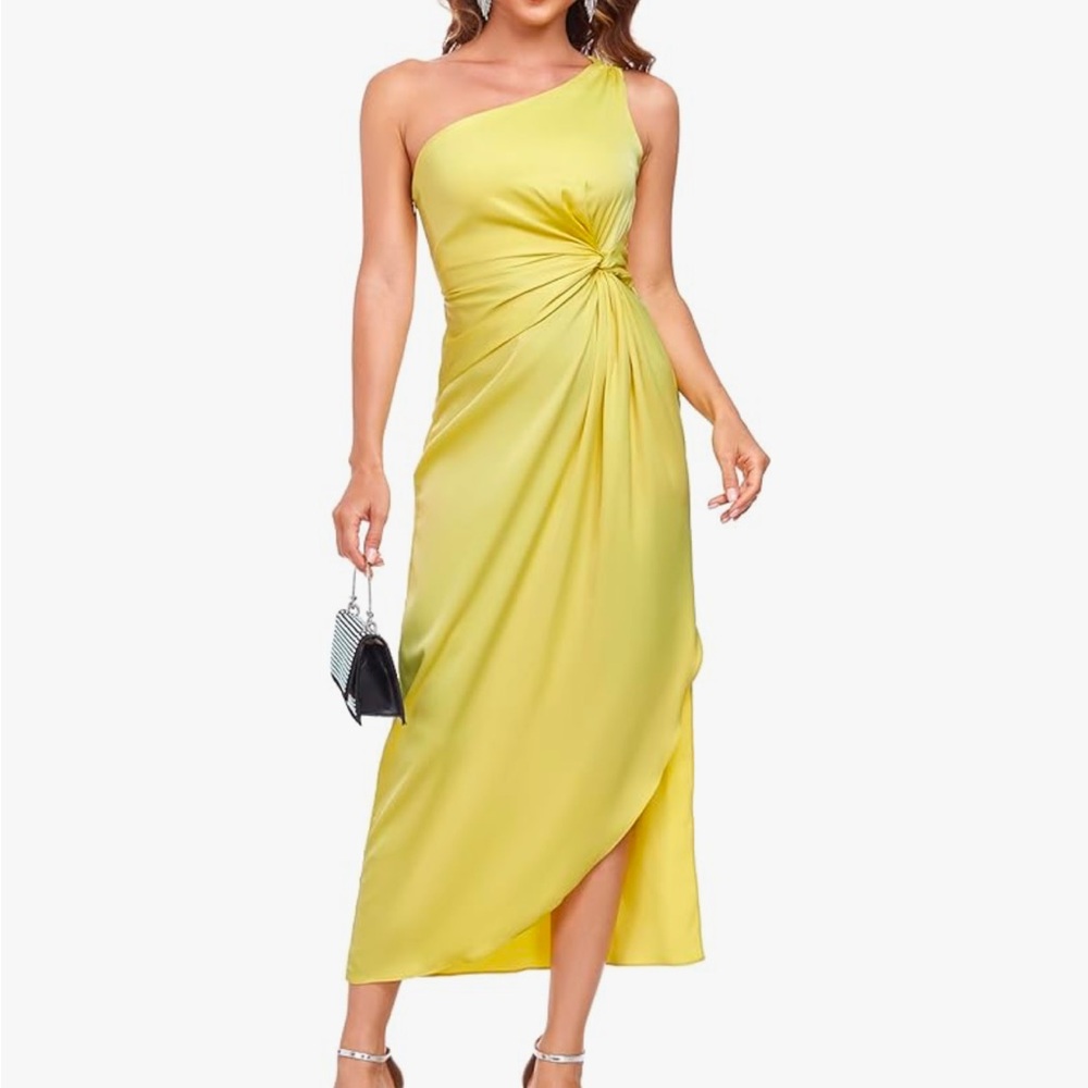 One-Shoulder Yellow Satin Dress